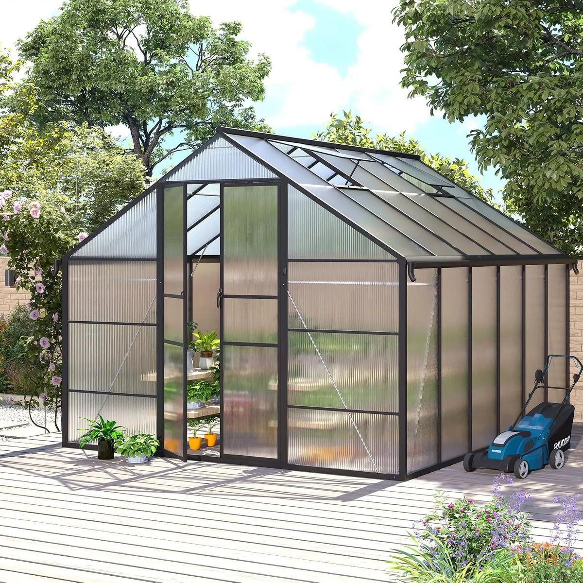 10x12 FT Greenhouse for Outdoors, Polycarbonate Greenhouse with Roof