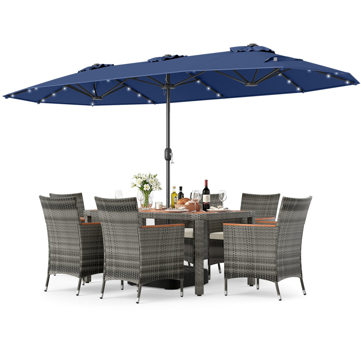 8 Pieces Outdoor Wicker Dining Furniture and 13.5 FT Double-Sided Patio Umbrella